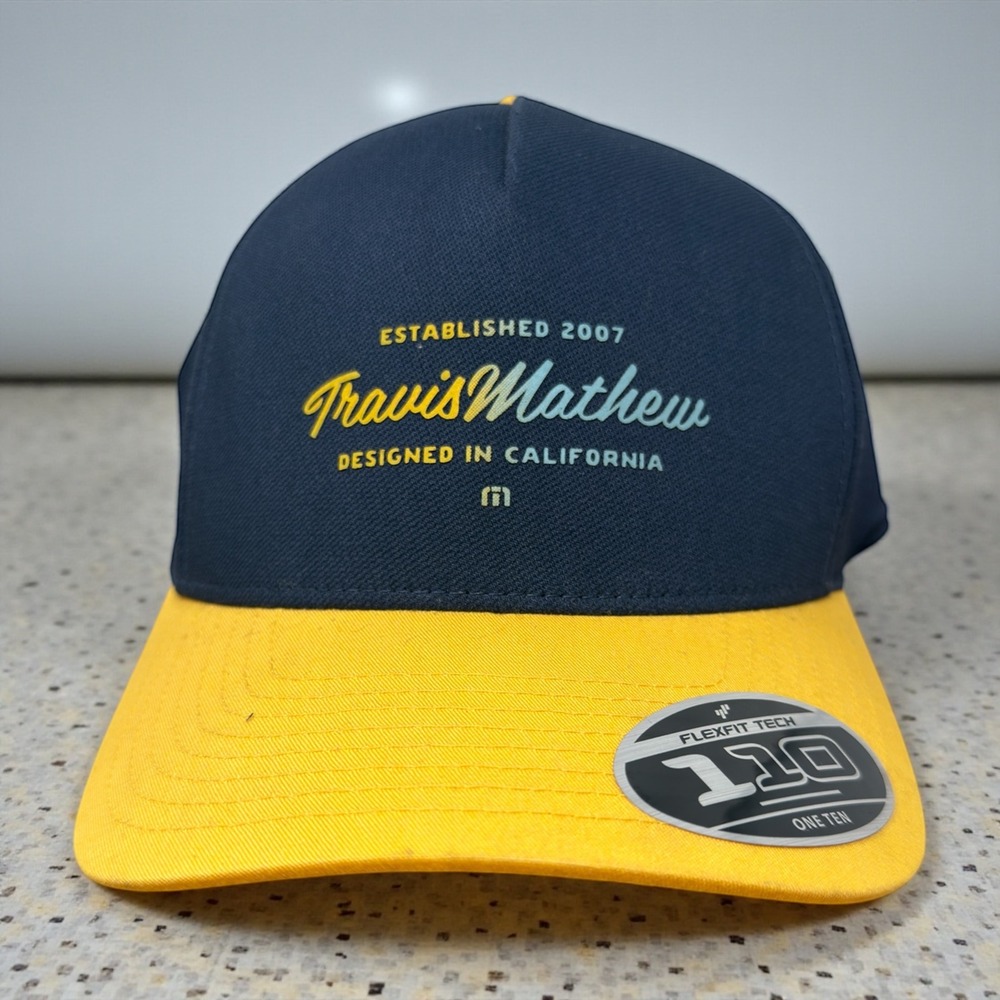 TravisMathew Mens Navy Blue Yellow Flexfit 110 Snapback Hat California Golf Cap